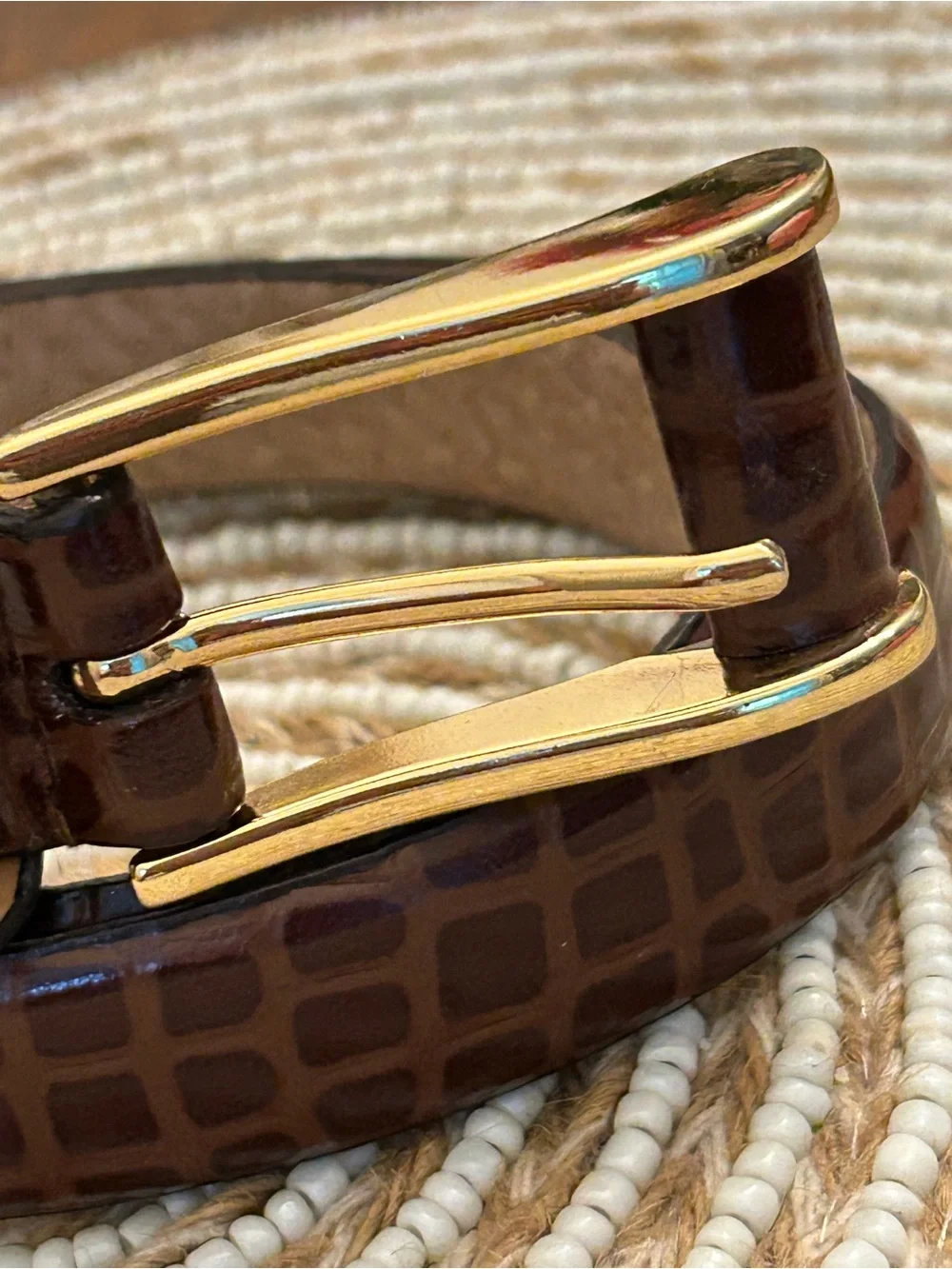 Kim Rogers Brown Croc-Embossed Leather Belt with Gold Buckle